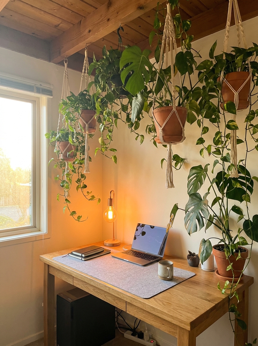 Cozy Wood Desk setup with Indoor Plants and Warm Glow