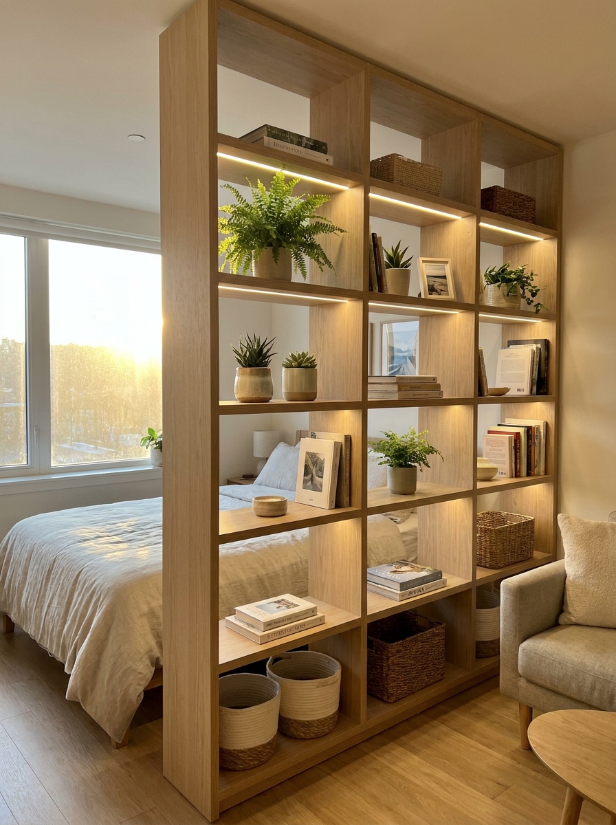 Warm Oak Room Divider Ideas for a Small Studio